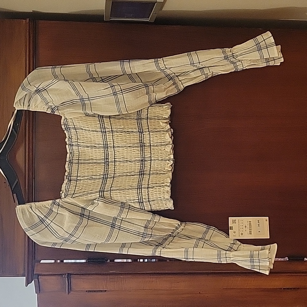 Zara | Plaid Long Sleeve Crop Top with Smocking At Chest 100% Cotton - M - Picture 5 of 10